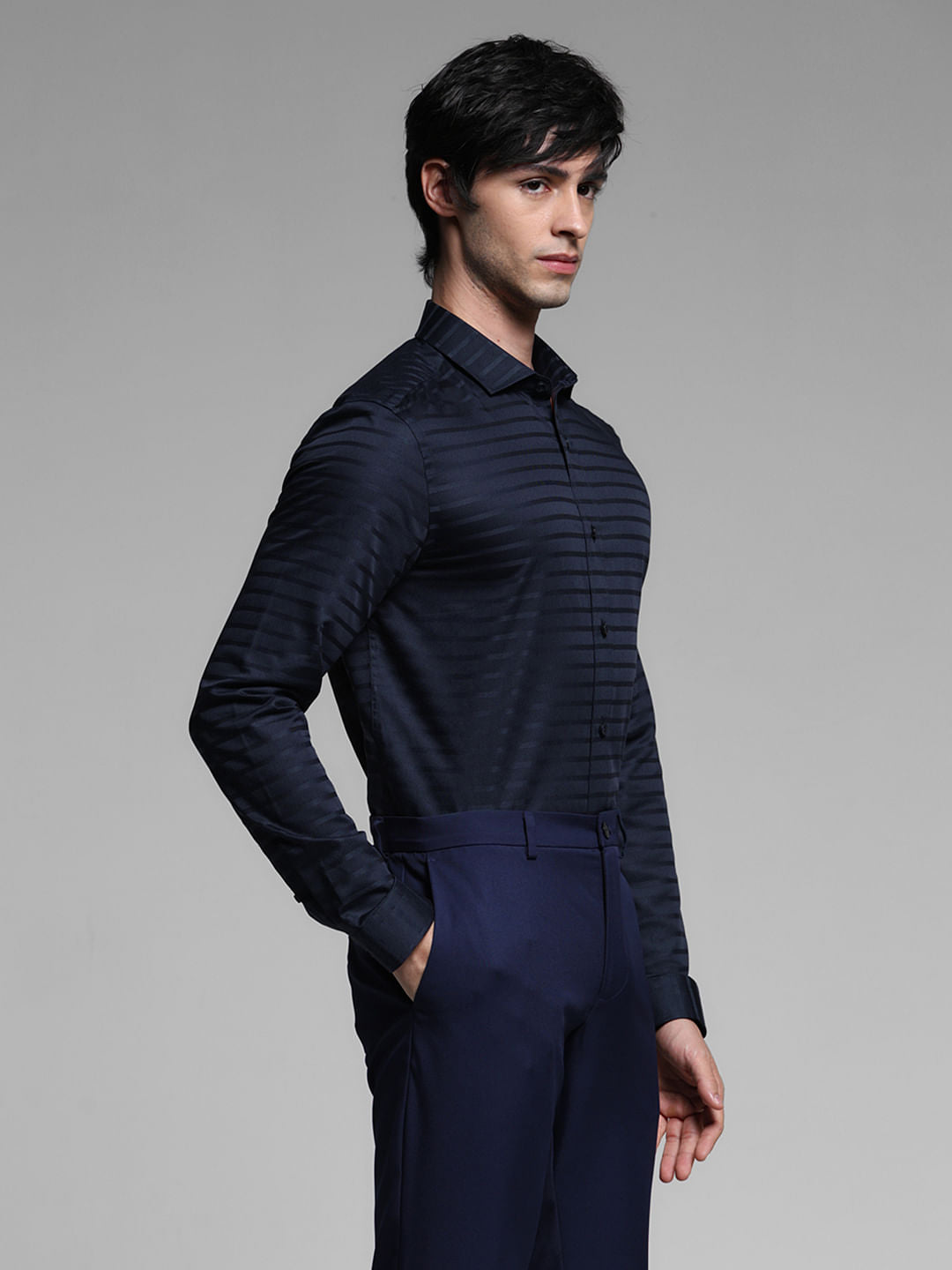 Dark Blue Striped Dobby Full Sleeves Shirt