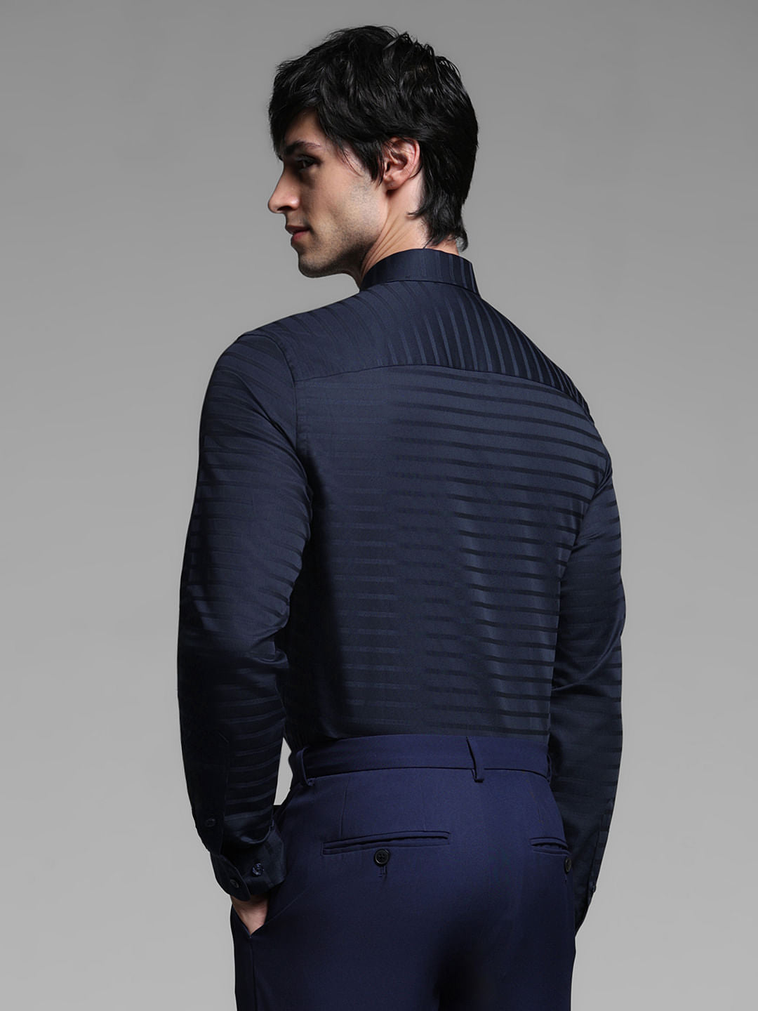 Dark Blue Striped Dobby Full Sleeves Shirt