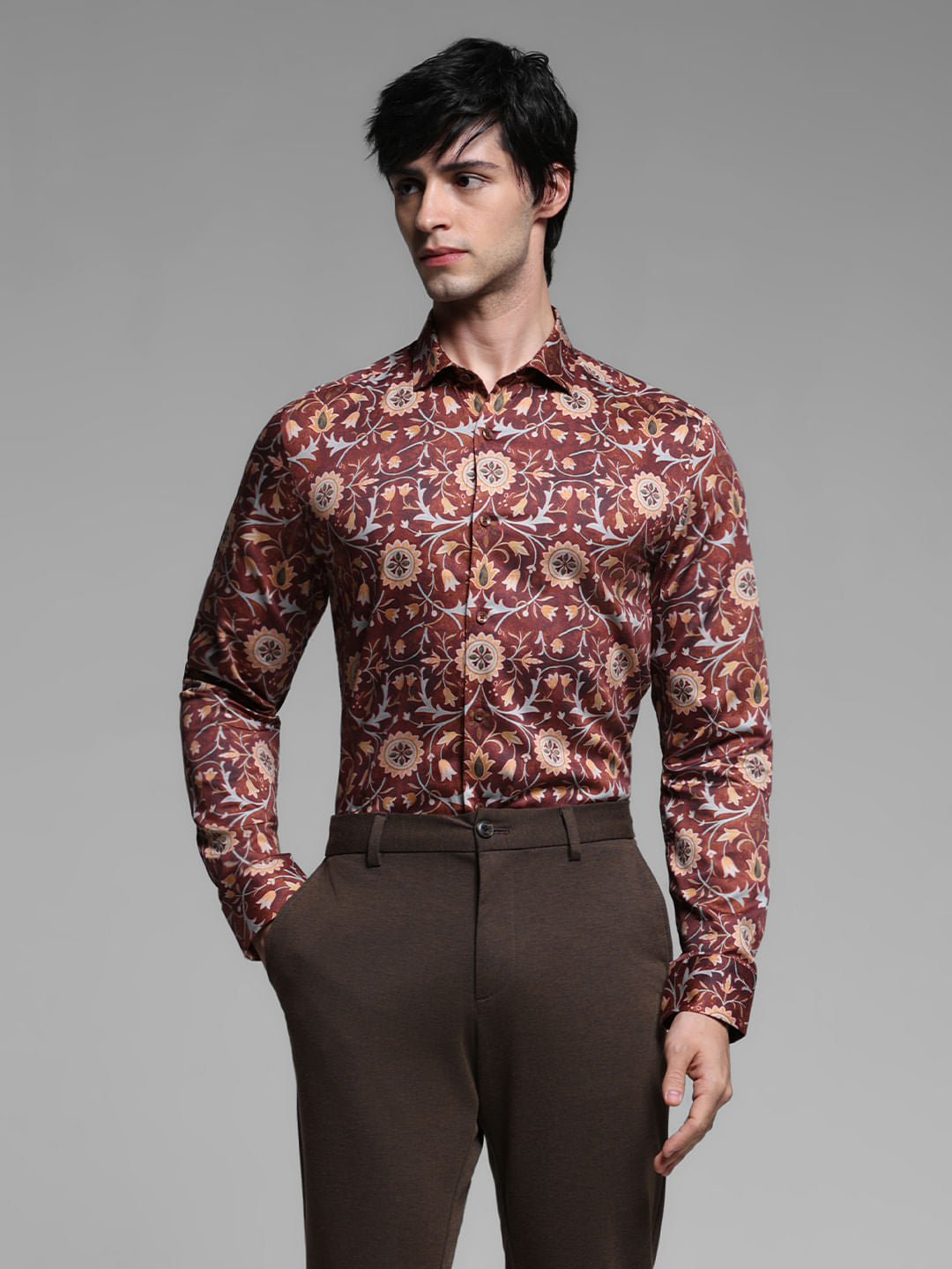 Brown Printed Cotton Full Sleeves Shirt