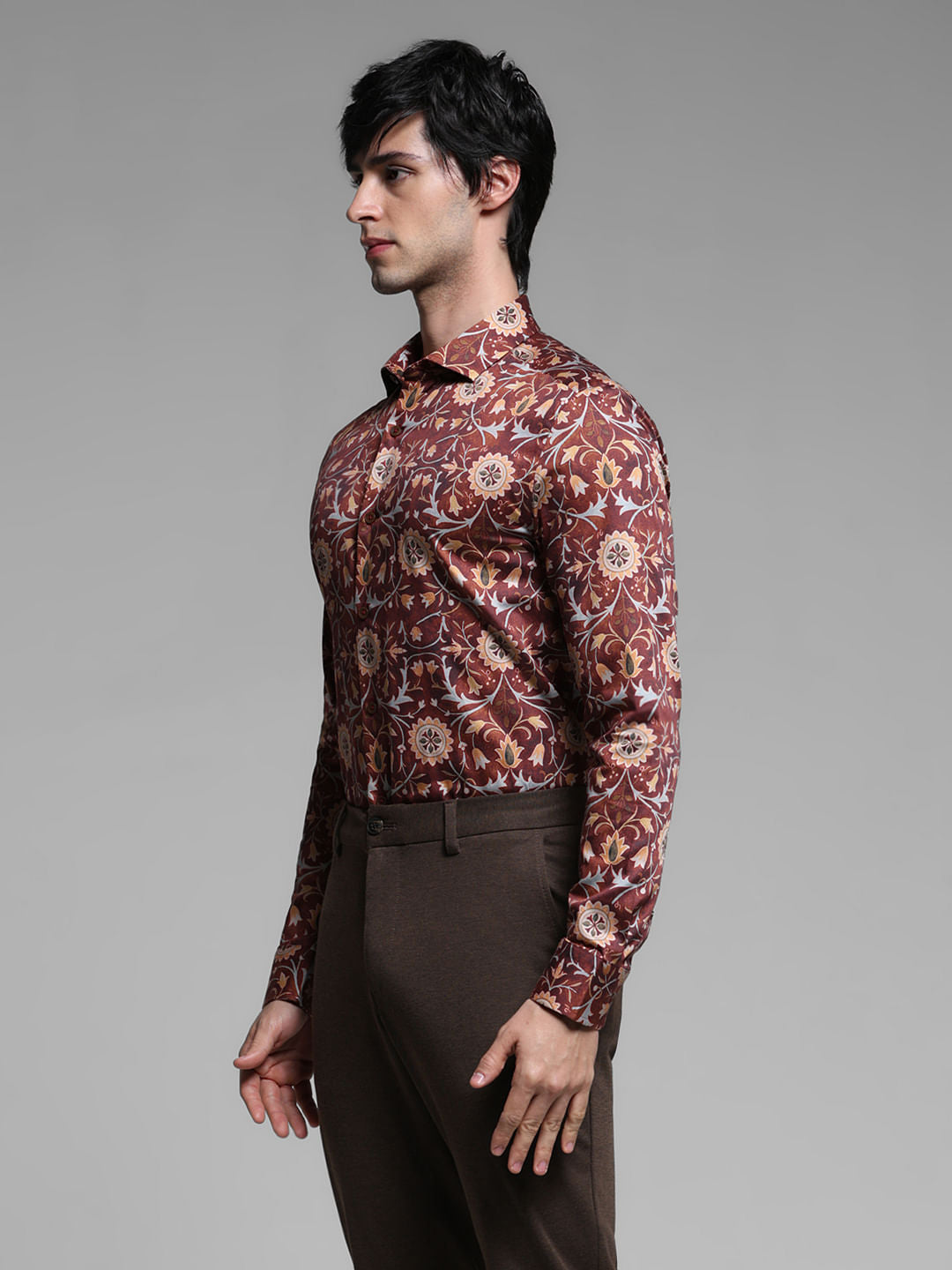 Brown Printed Cotton Full Sleeves Shirt