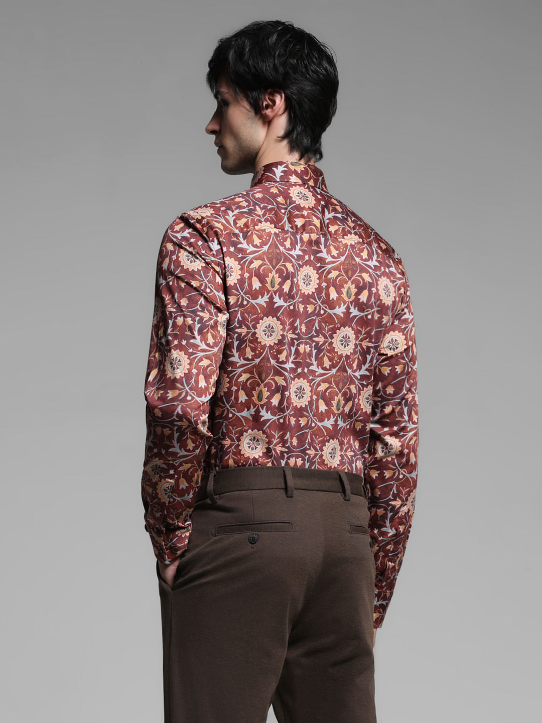 Brown Printed Cotton Full Sleeves Shirt