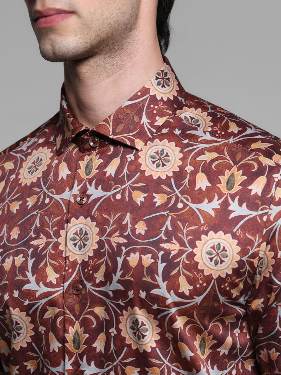 Brown Printed Cotton Full Sleeves Shirt