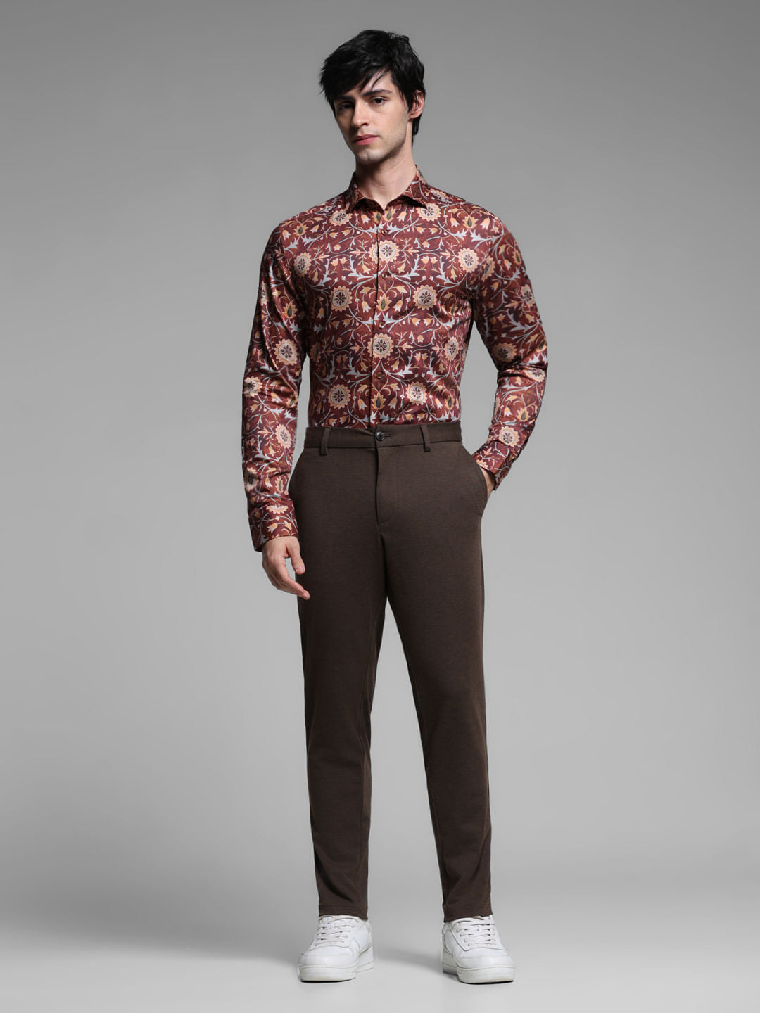 Brown Printed Cotton Full Sleeves Shirt