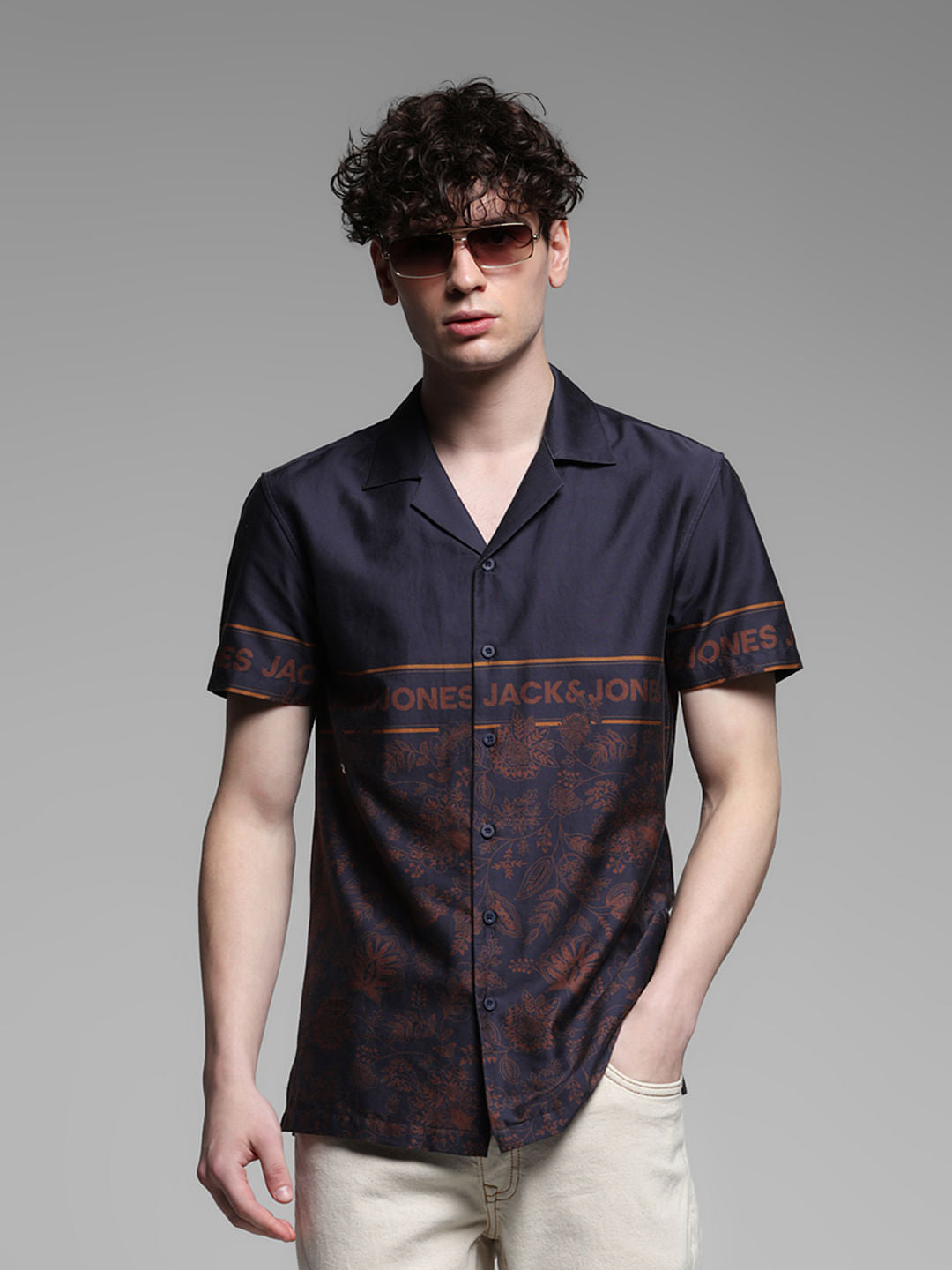 Dark Blue Floral Short Sleeves Shirt