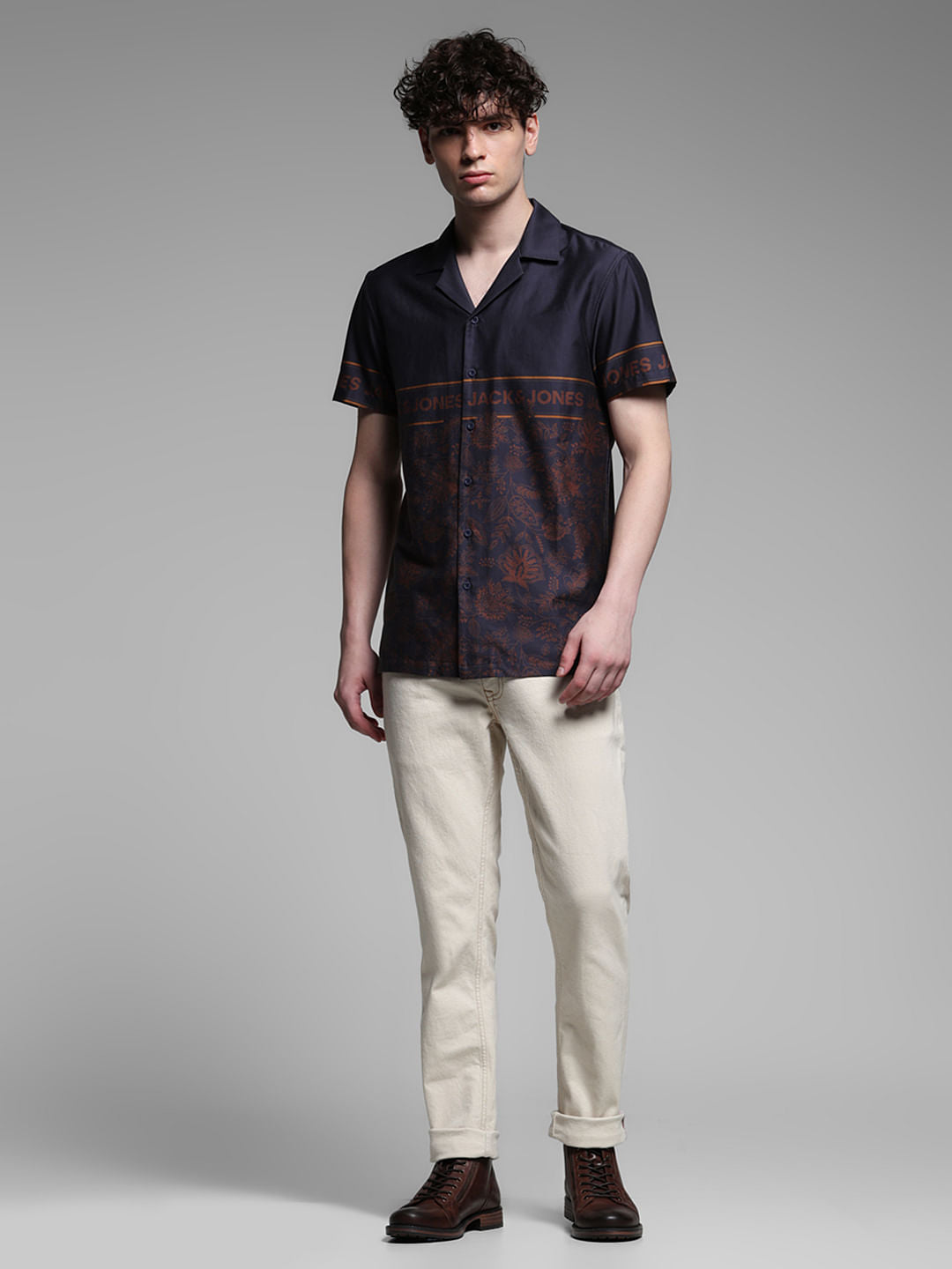 Dark Blue Floral Short Sleeves Shirt