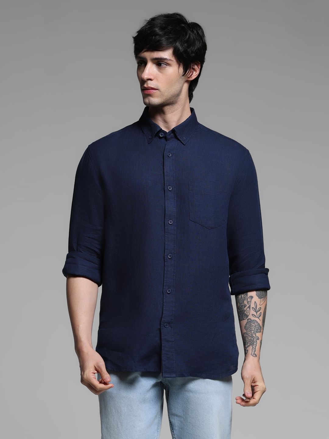Dark Blue Linen Full Sleeves Shirt