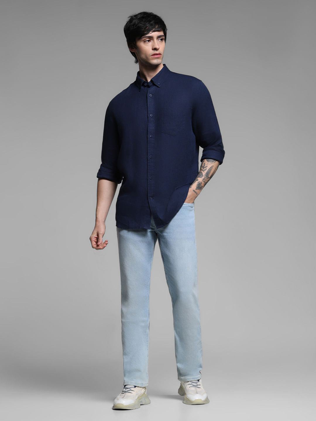 Dark Blue Linen Full Sleeves Shirt