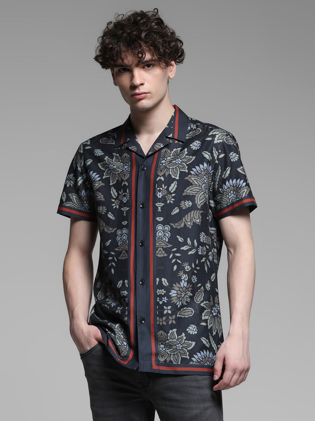 Dark Blue Floral Print Tencel Shirt