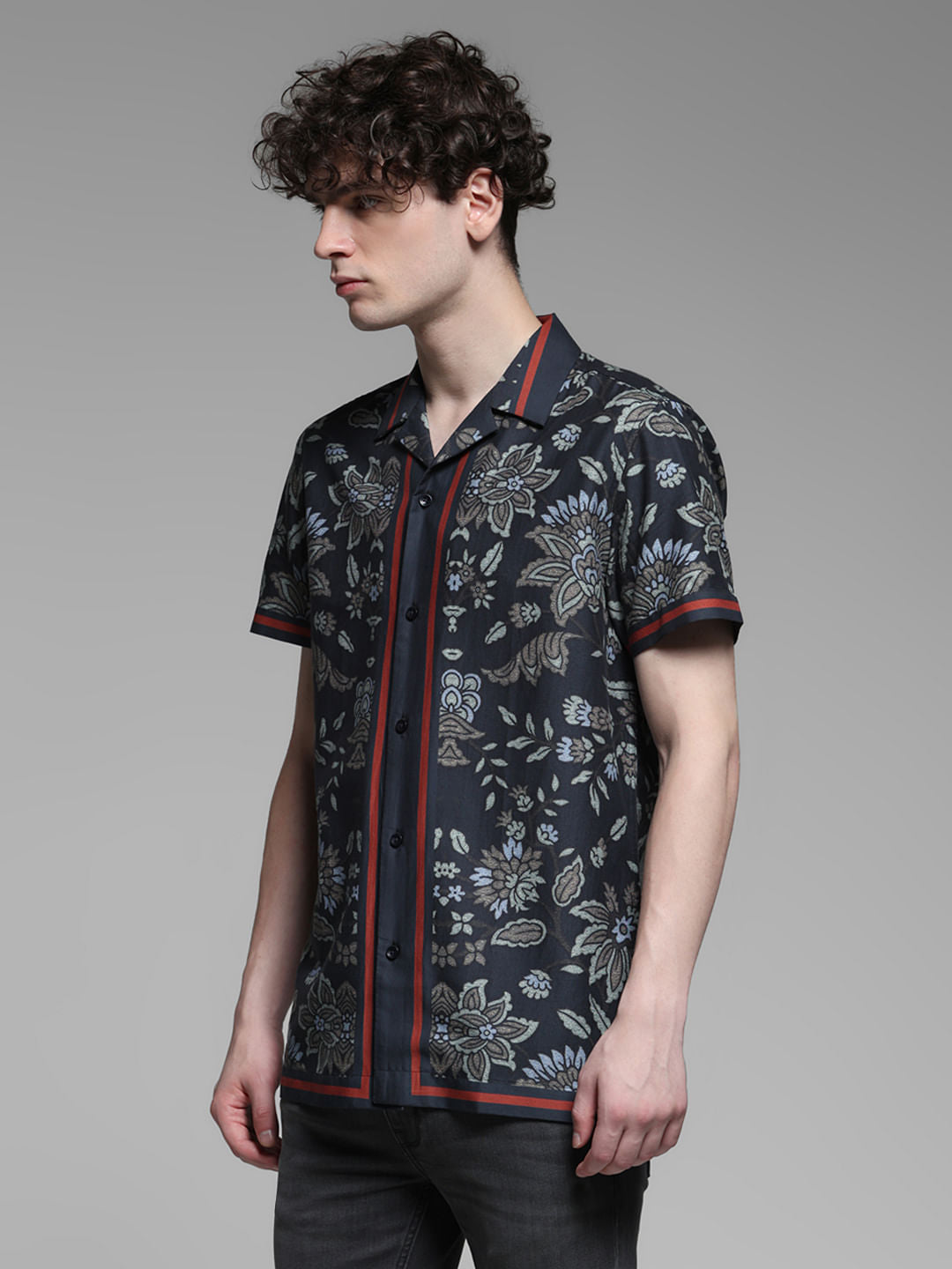 Dark Blue Floral Print Tencel Shirt