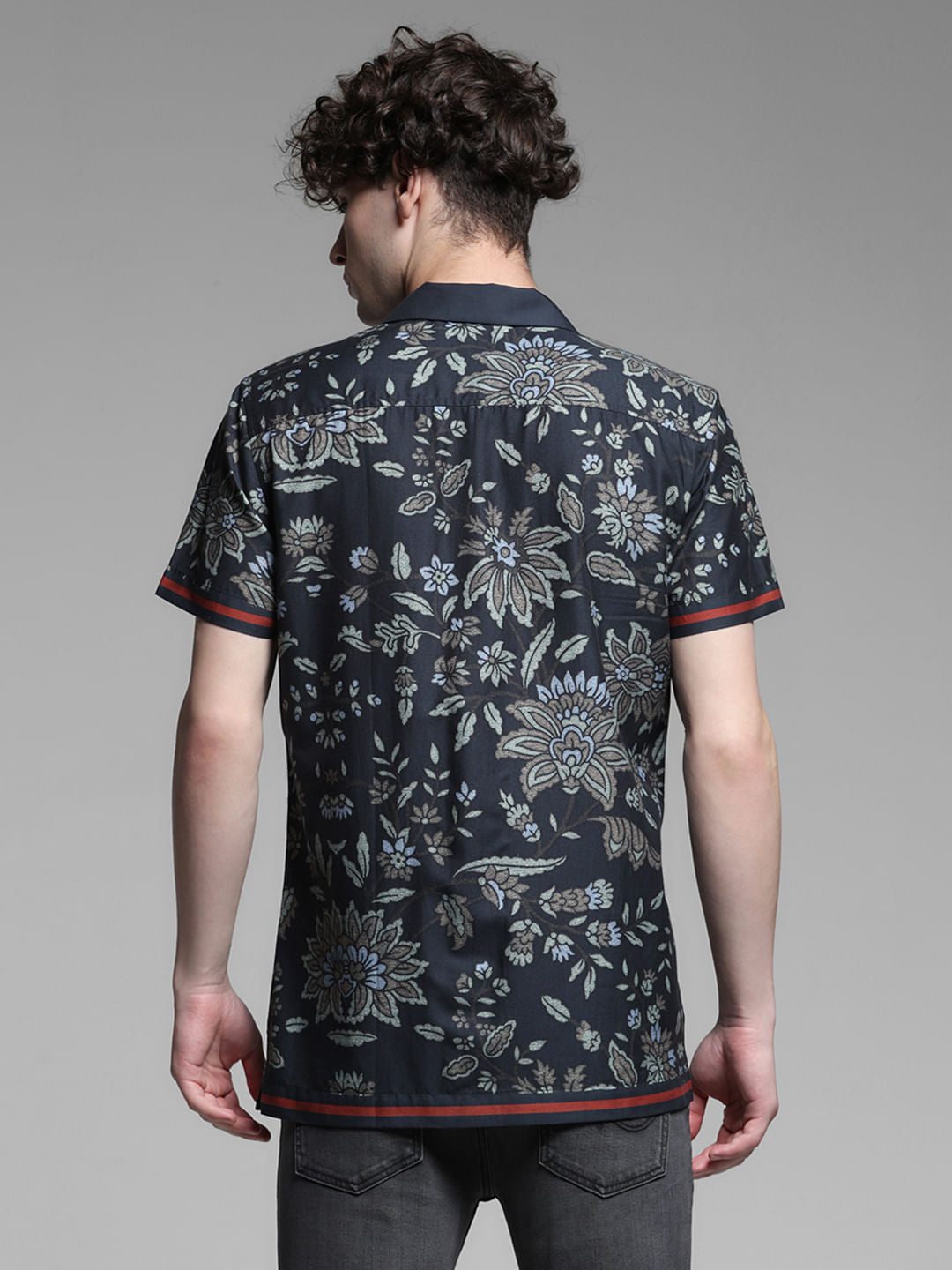 Dark Blue Floral Print Tencel Shirt