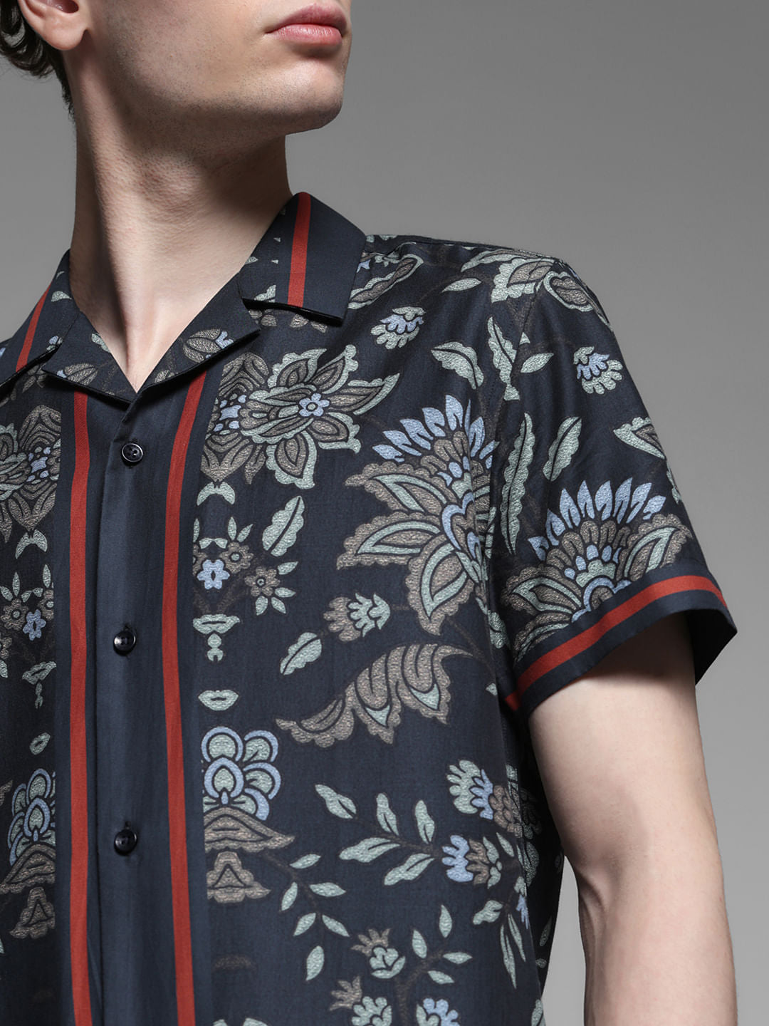 Dark Blue Floral Print Tencel Shirt