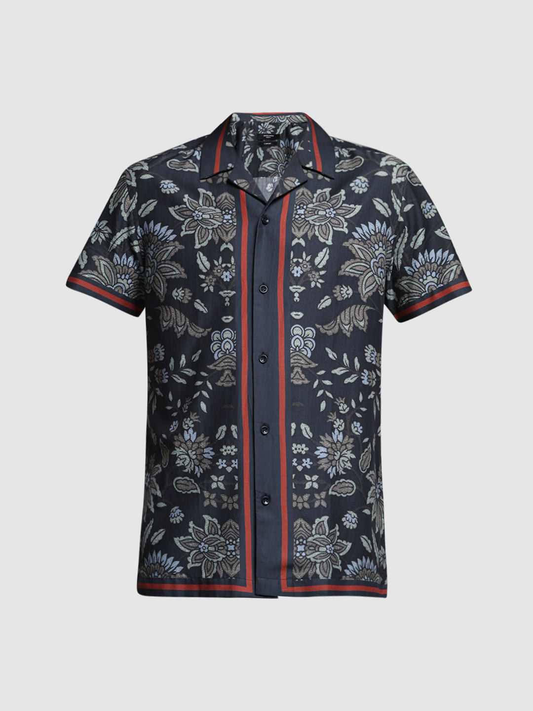 Dark Blue Floral Print Tencel Shirt