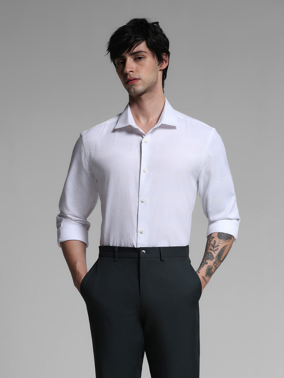 White Dobby Full Sleeves Shirt