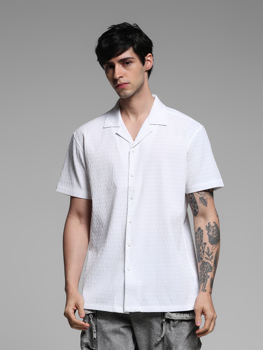 White Stretch Short Sleeves Shirt