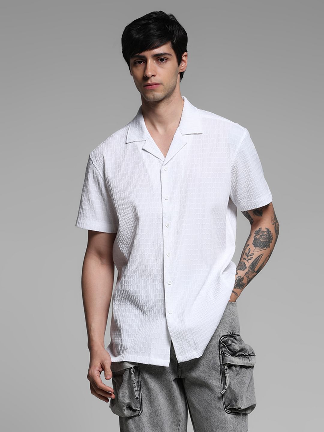 White Stretch Short Sleeves Shirt