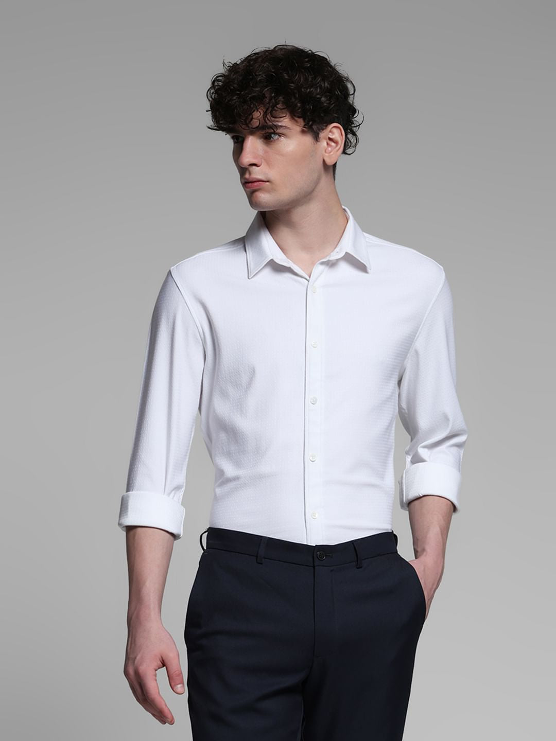White Dobby Full Sleeves Shirt