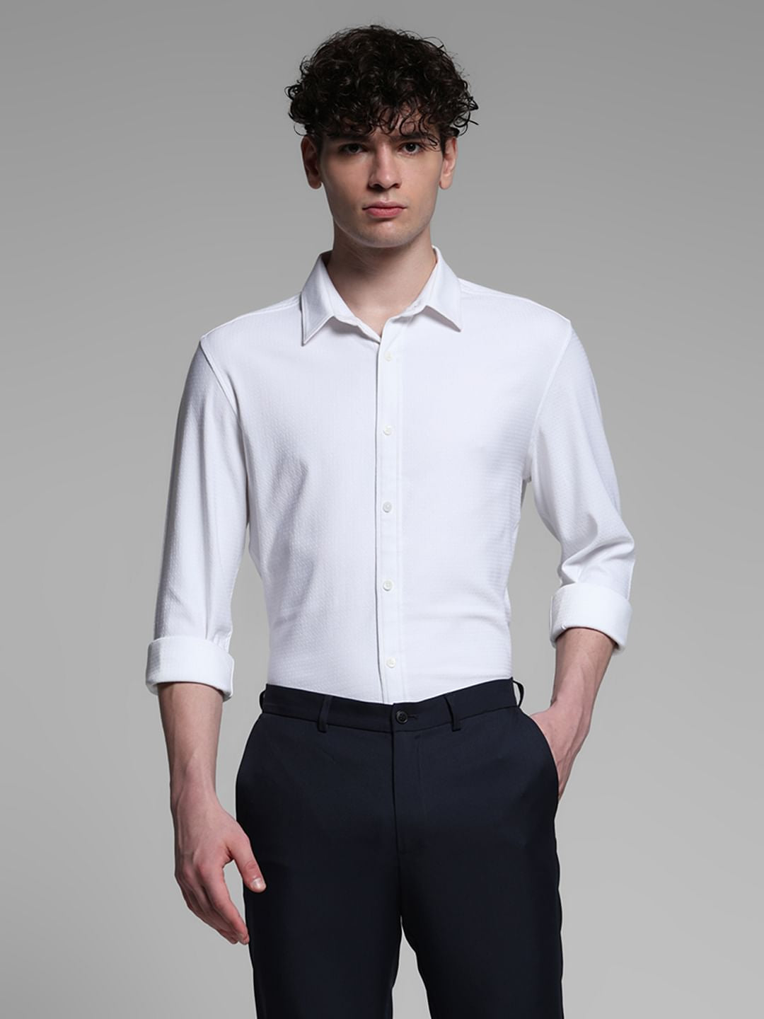 White Dobby Full Sleeves Shirt