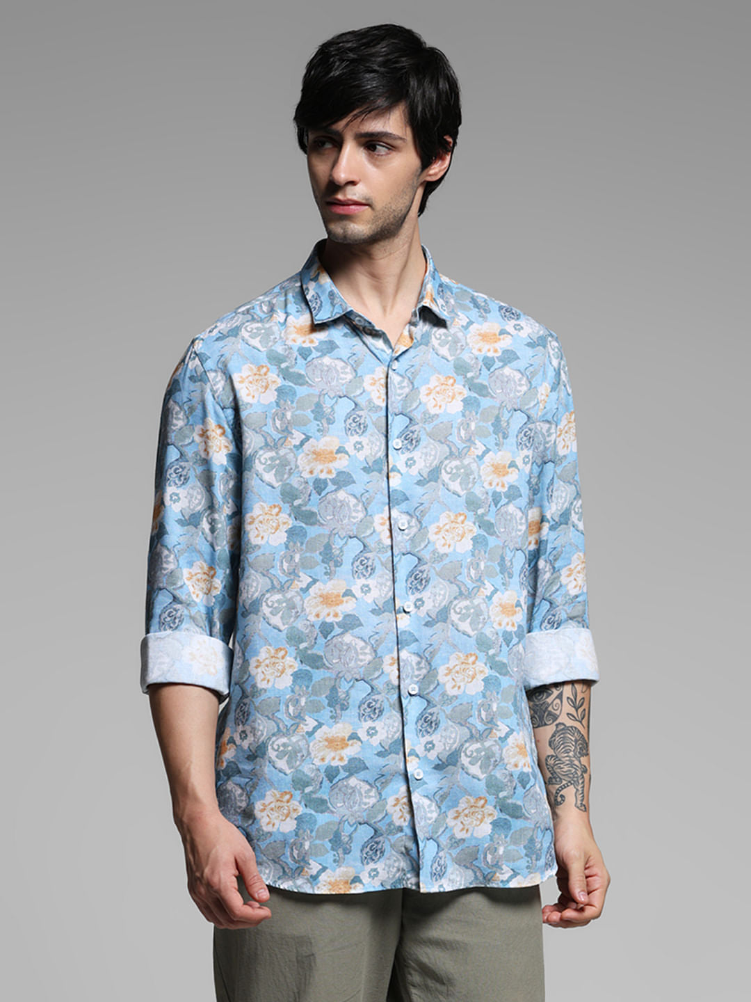 Blue Floral Print Lyocell Linen Shirt