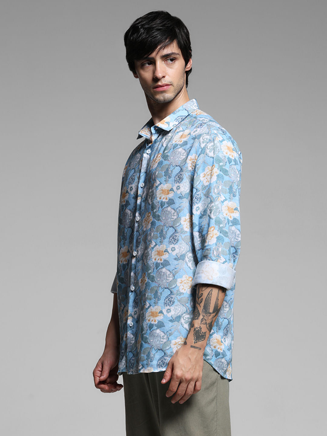 Blue Floral Print Lyocell Linen Shirt