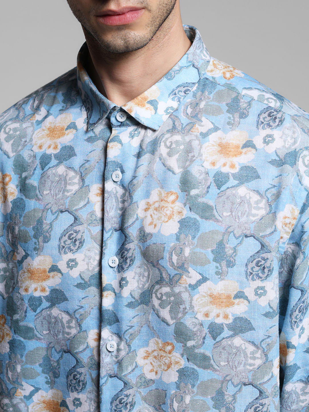 Blue Floral Print Lyocell Linen Shirt
