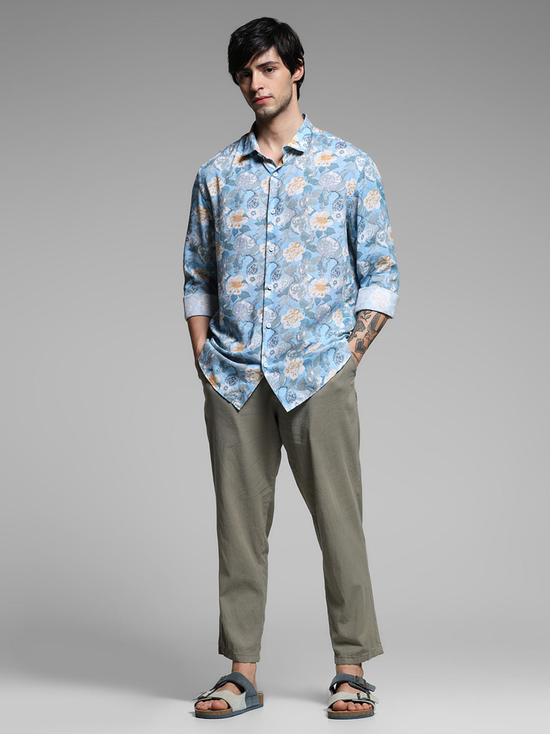 Blue Floral Print Lyocell Linen Shirt