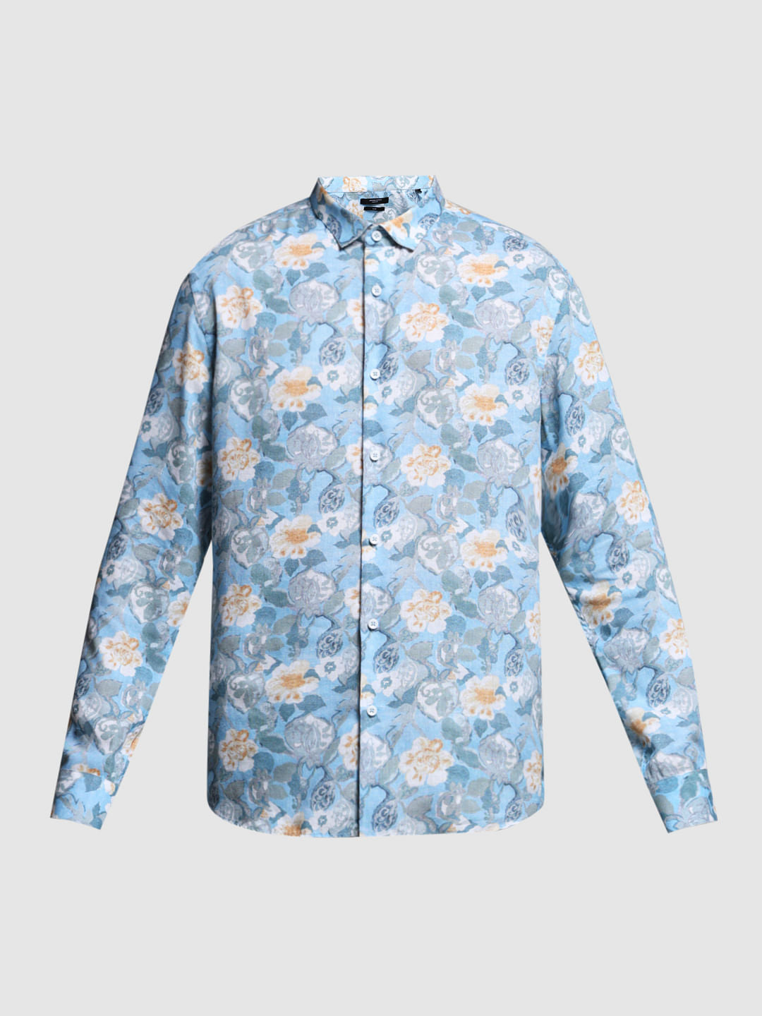 Blue Floral Print Lyocell Linen Shirt