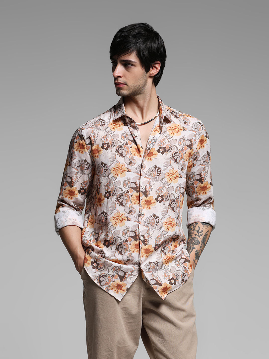 Beige Floral Print Lyocell Linen Shirt