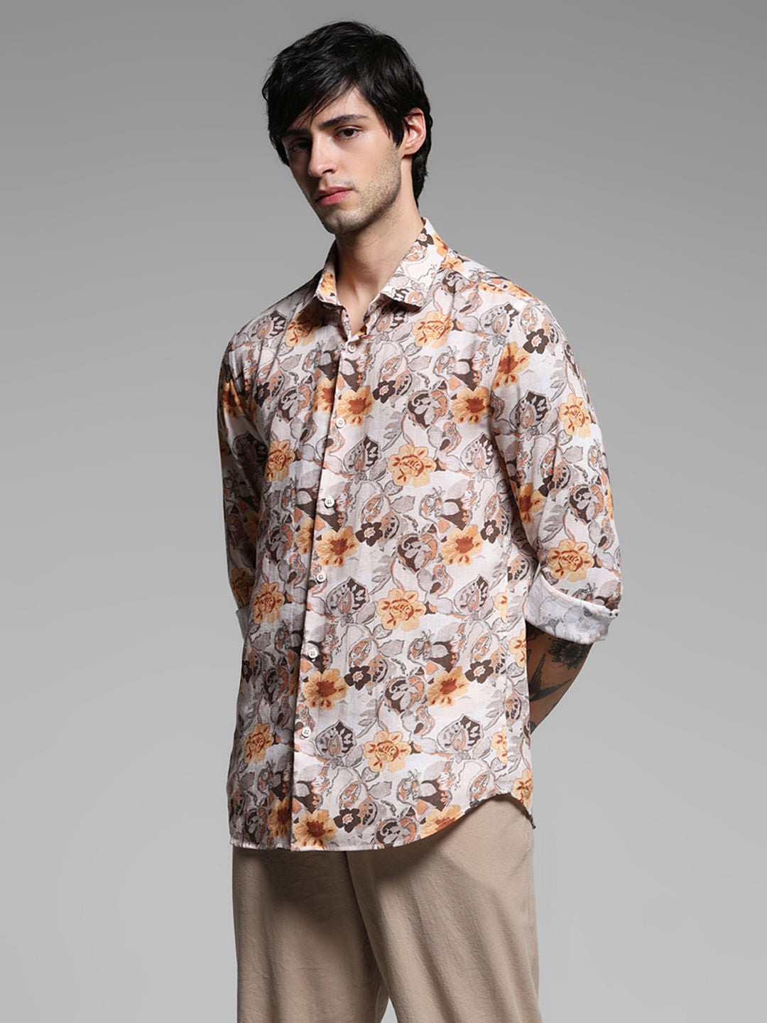 Beige Floral Print Lyocell Linen Shirt