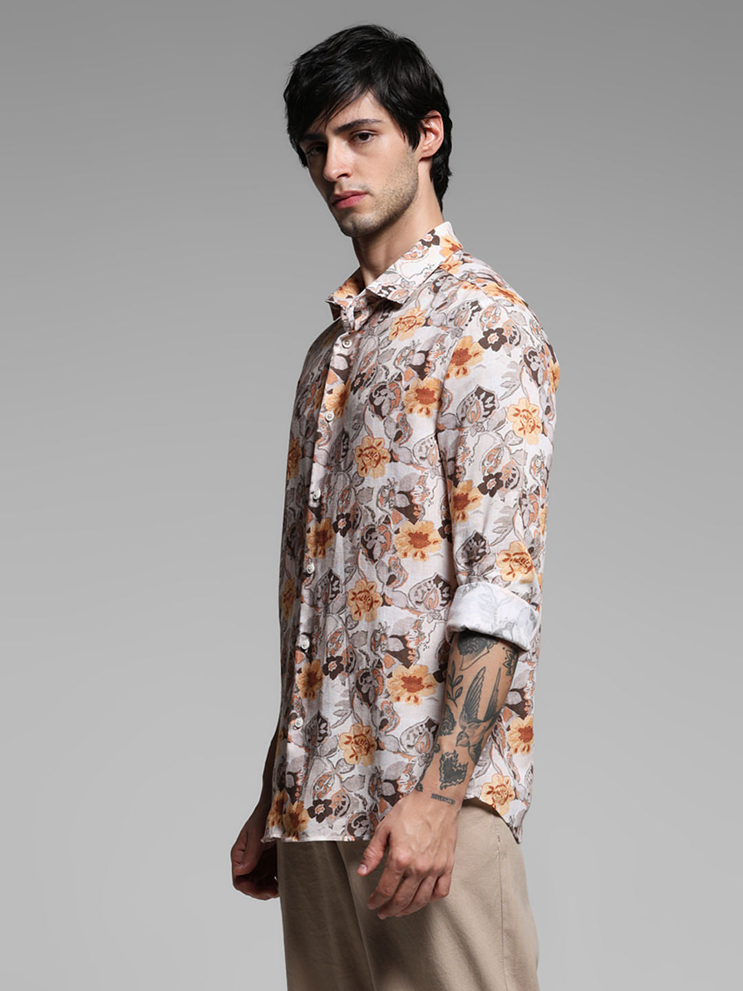 Beige Floral Print Lyocell Linen Shirt