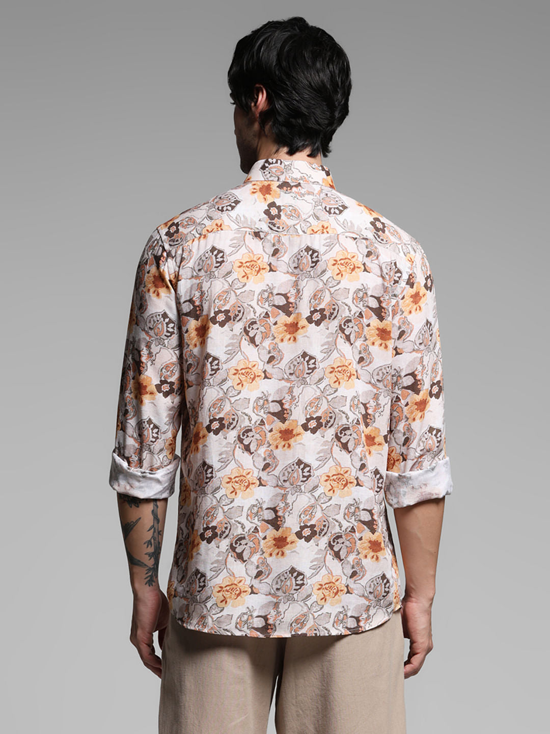 Beige Floral Print Lyocell Linen Shirt