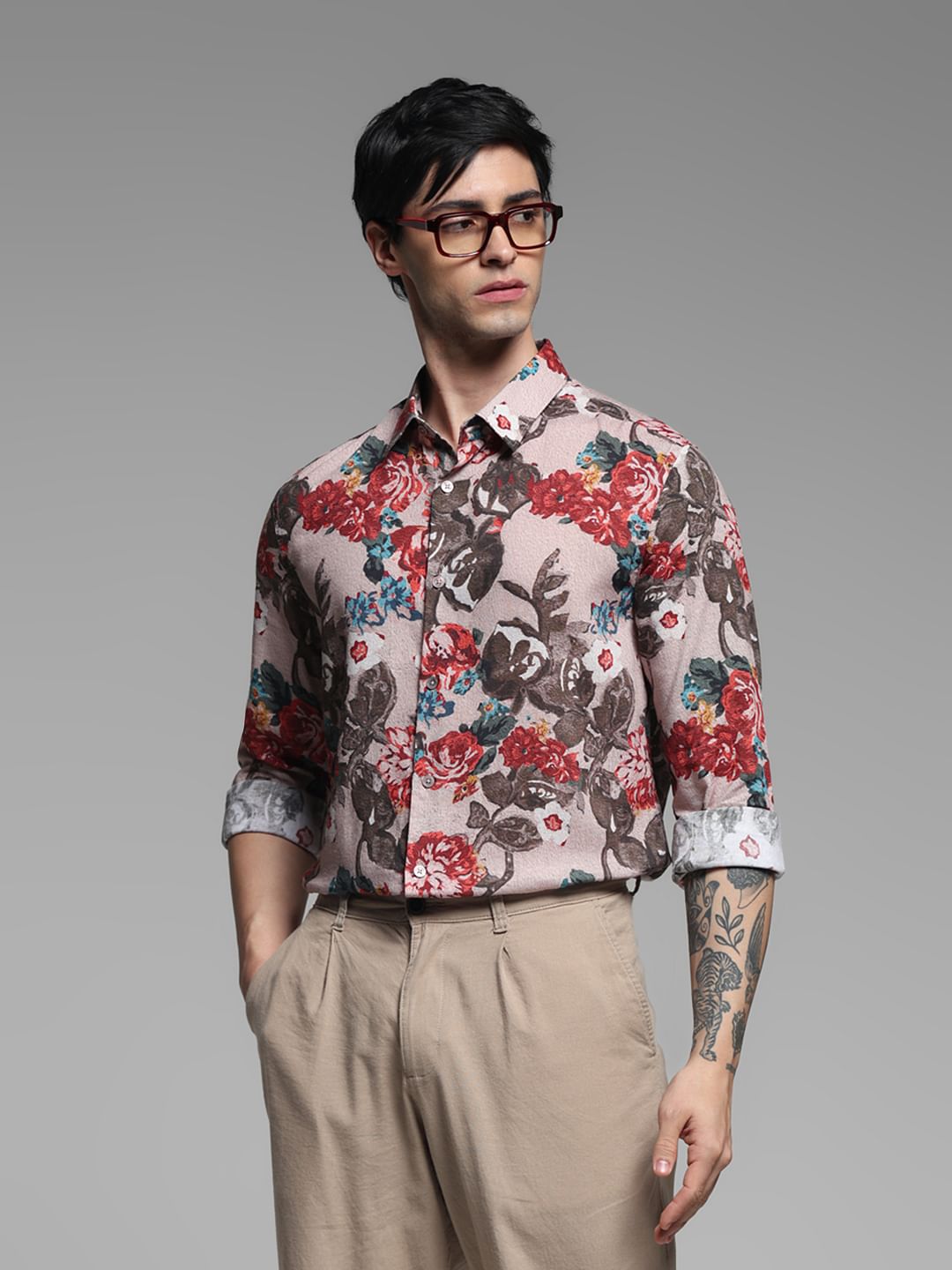 LIGHT BROWN FLORAL SHIRT