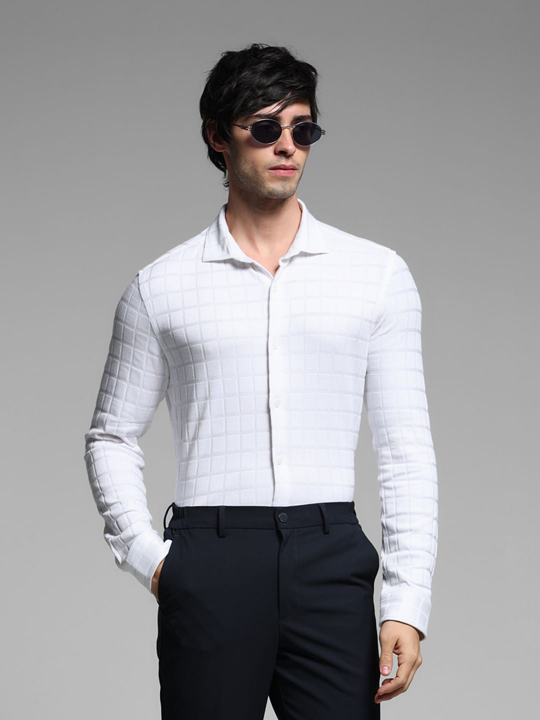 White Knitted Full Sleeves Shirt