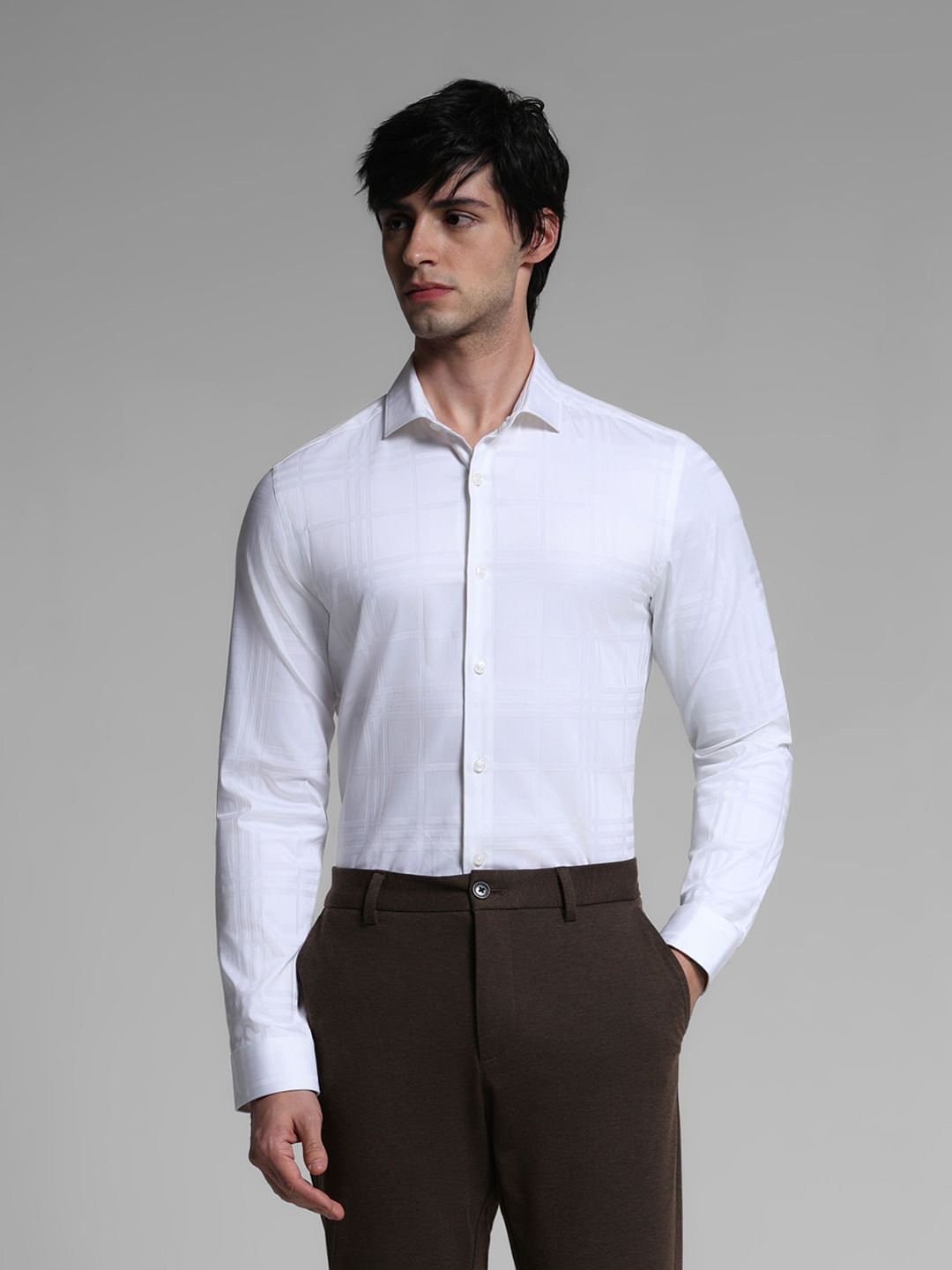 White Dobby Check Print Shirt