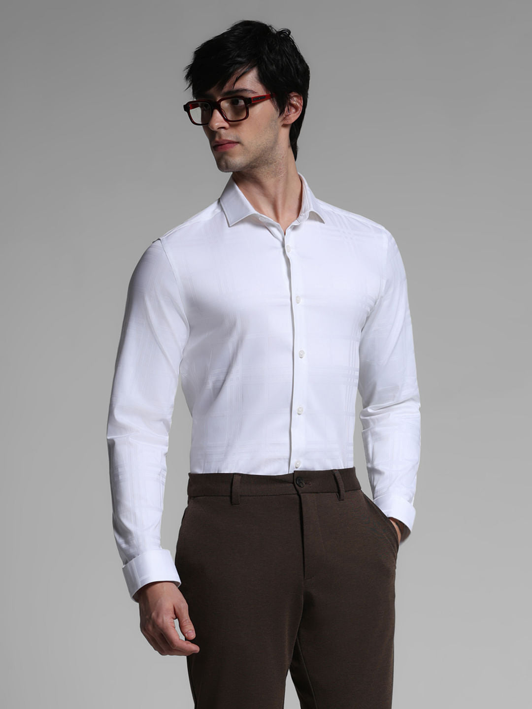 White Dobby Check Print Shirt