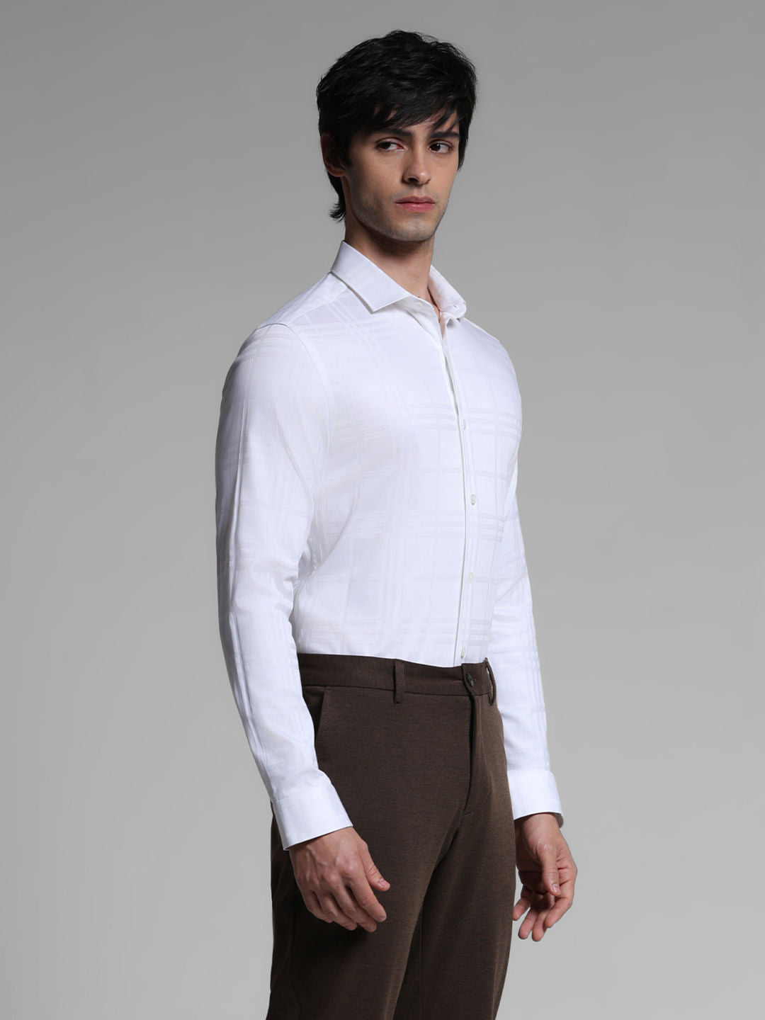 White Dobby Check Print Shirt