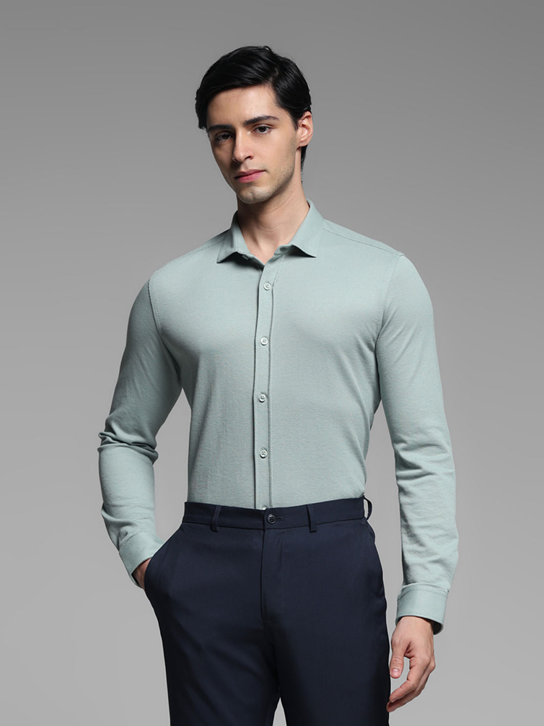 Green Knitted Full Sleeves Shirt