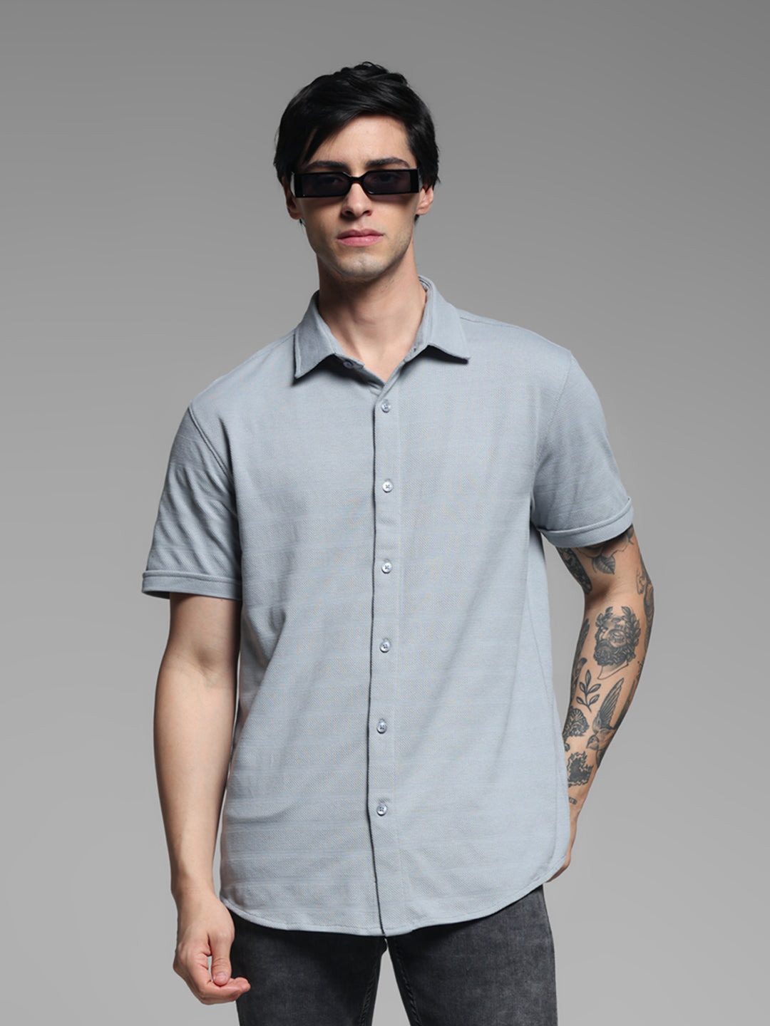 Men's Quarry Grey Slim Fit Knitted Solid Shirt