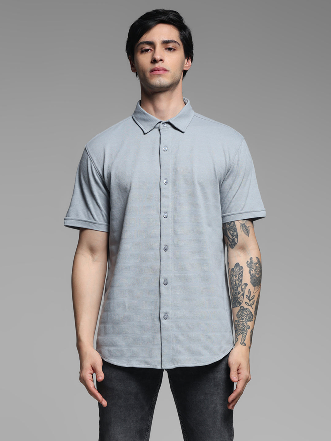 Men's Quarry Grey Slim Fit Knitted Solid Shirt