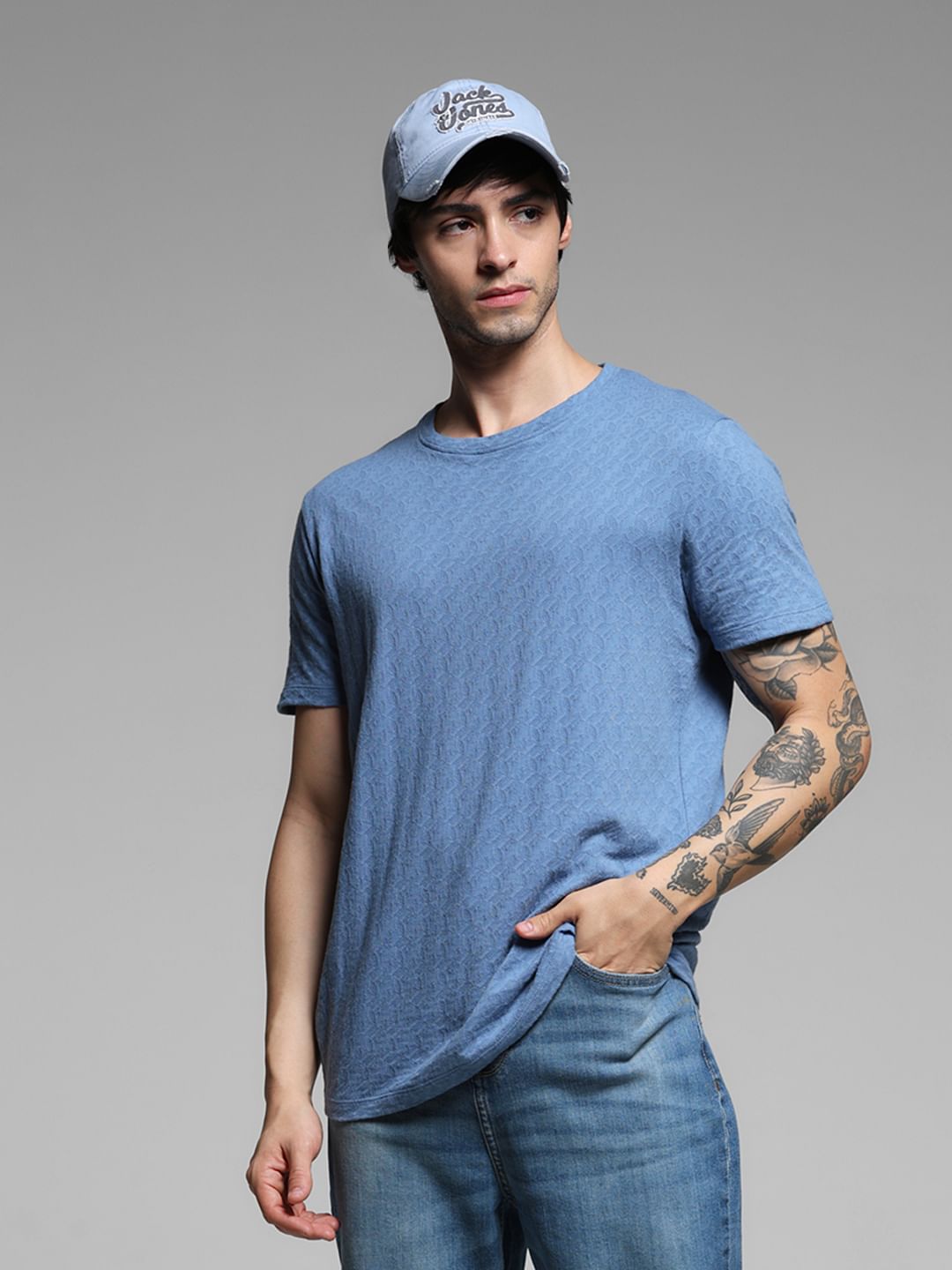 Blue Cotton Crew Neck T-shirt - Main Image