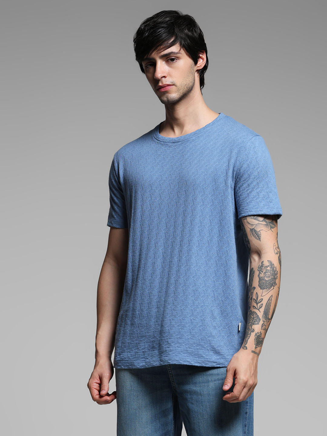 Blue Cotton Crew Neck T-shirt