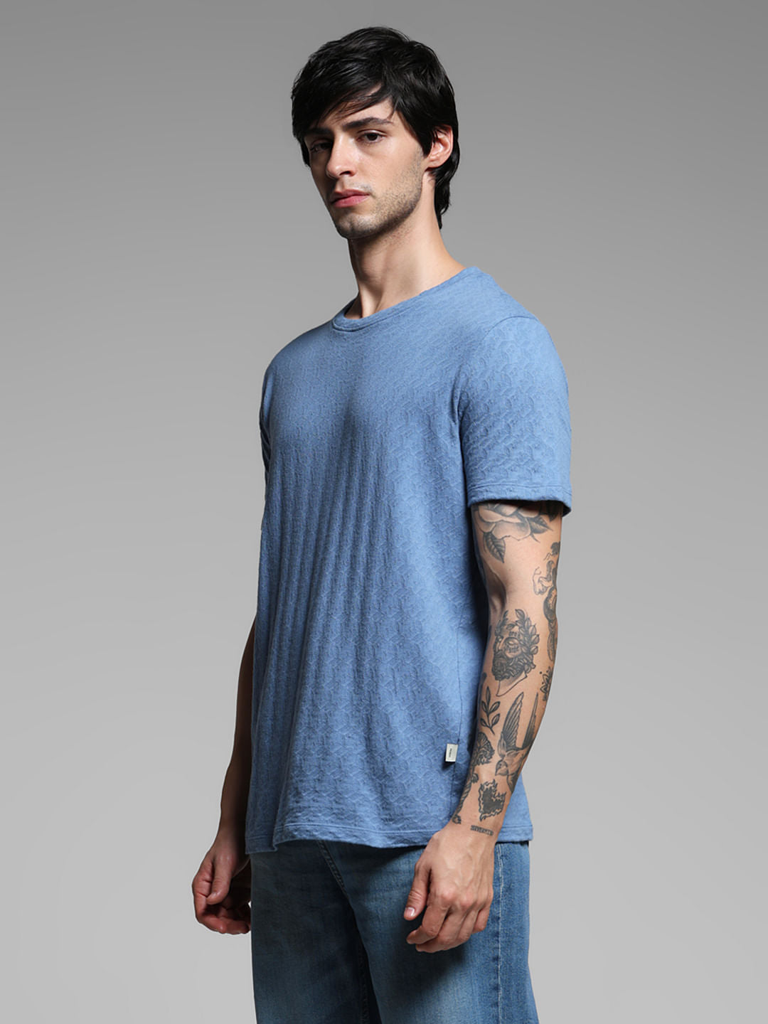 Blue Cotton Crew Neck T-shirt
