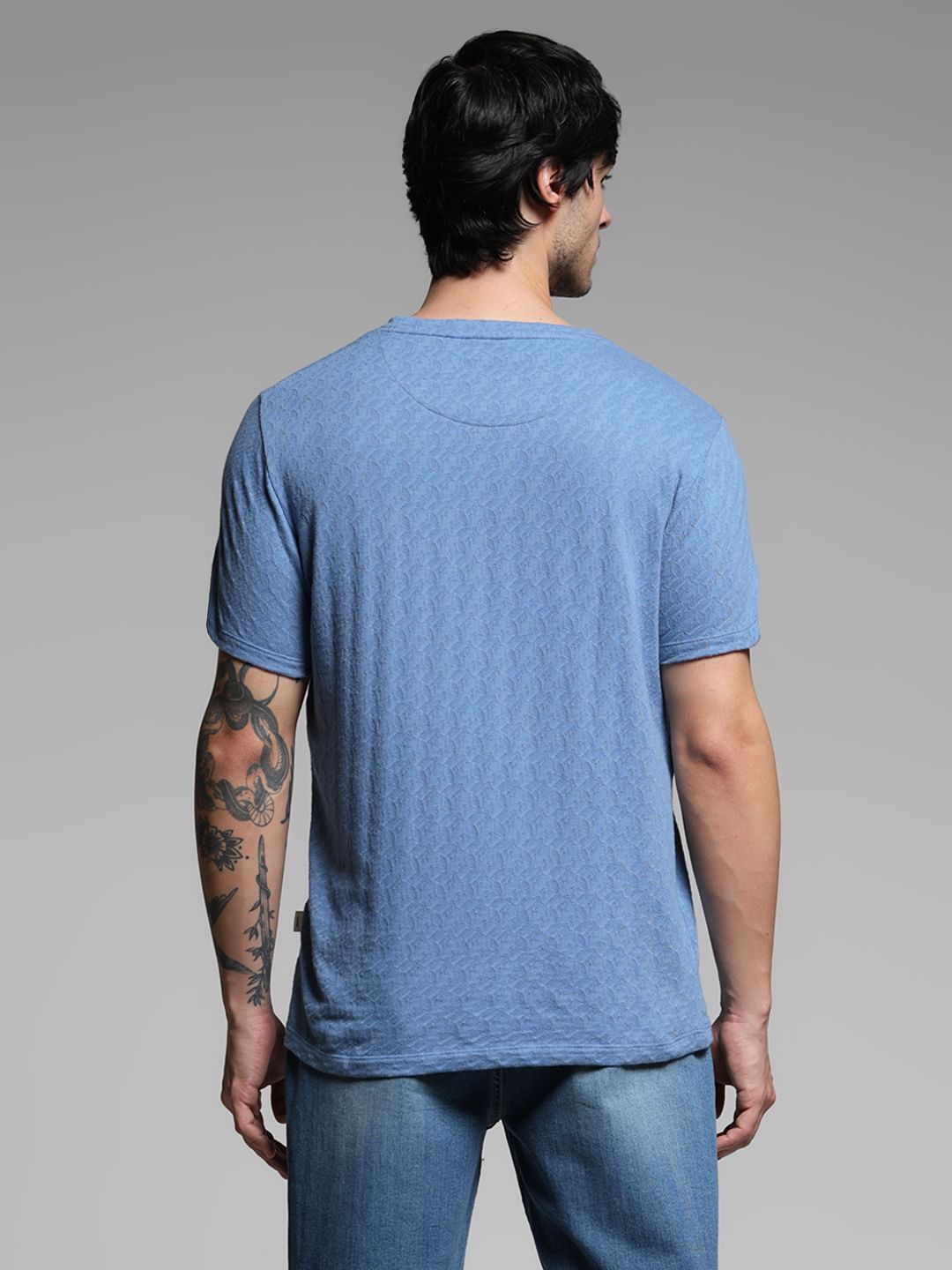 Blue Cotton Crew Neck T-shirt