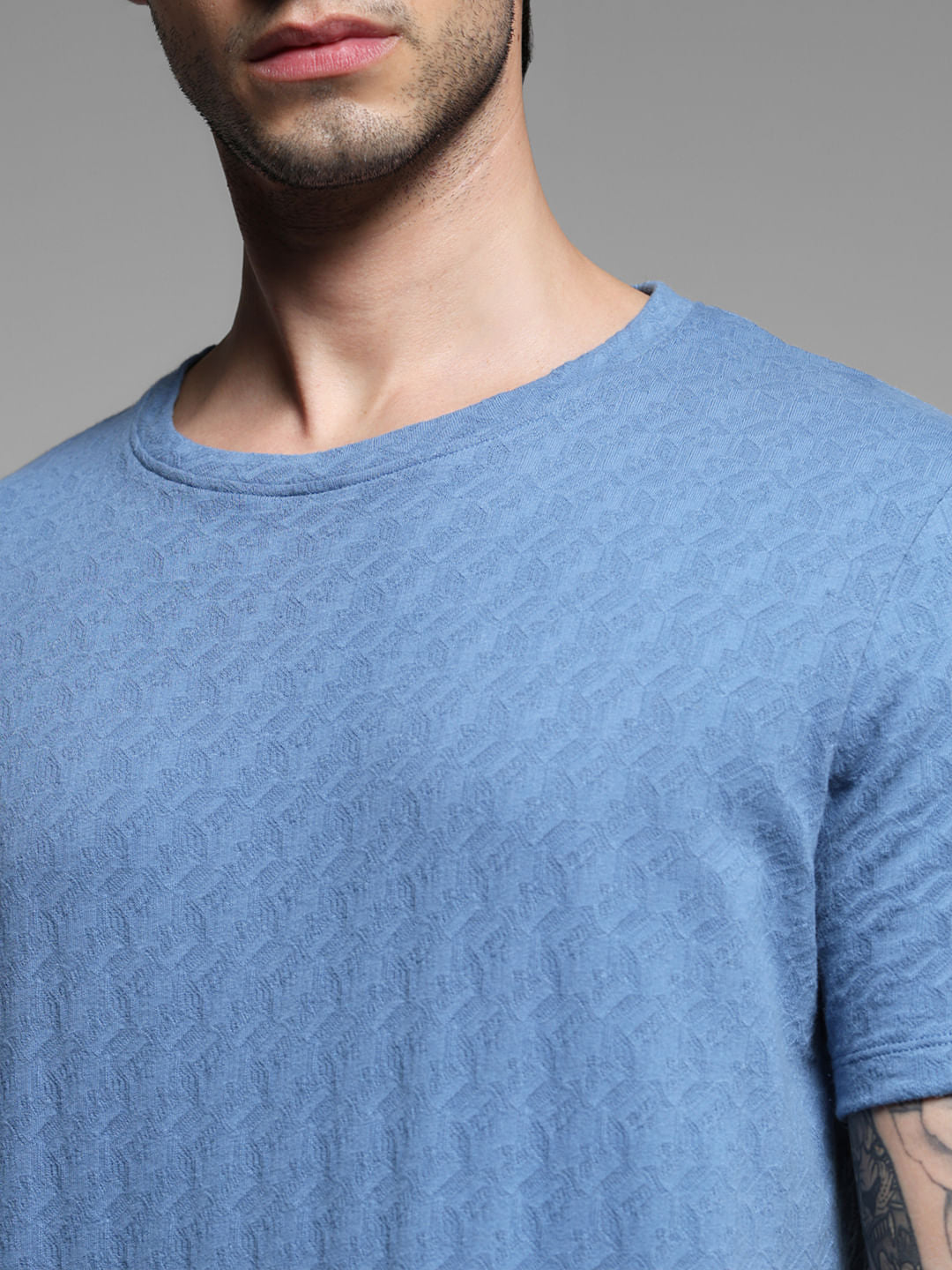 Blue Cotton Crew Neck T-shirt