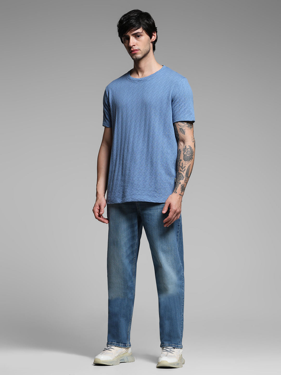 Blue Cotton Crew Neck T-shirt