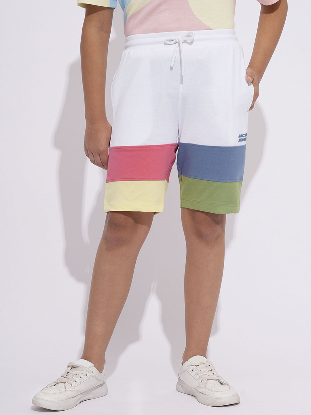 Boys White Printed Cotton Shorts