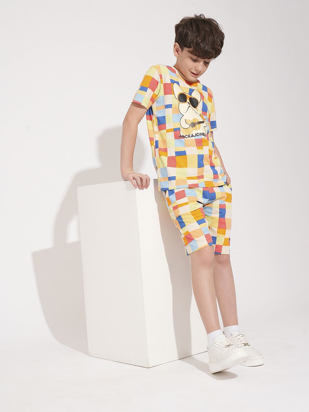 Boys Beige Check Co-ord Set Shorts