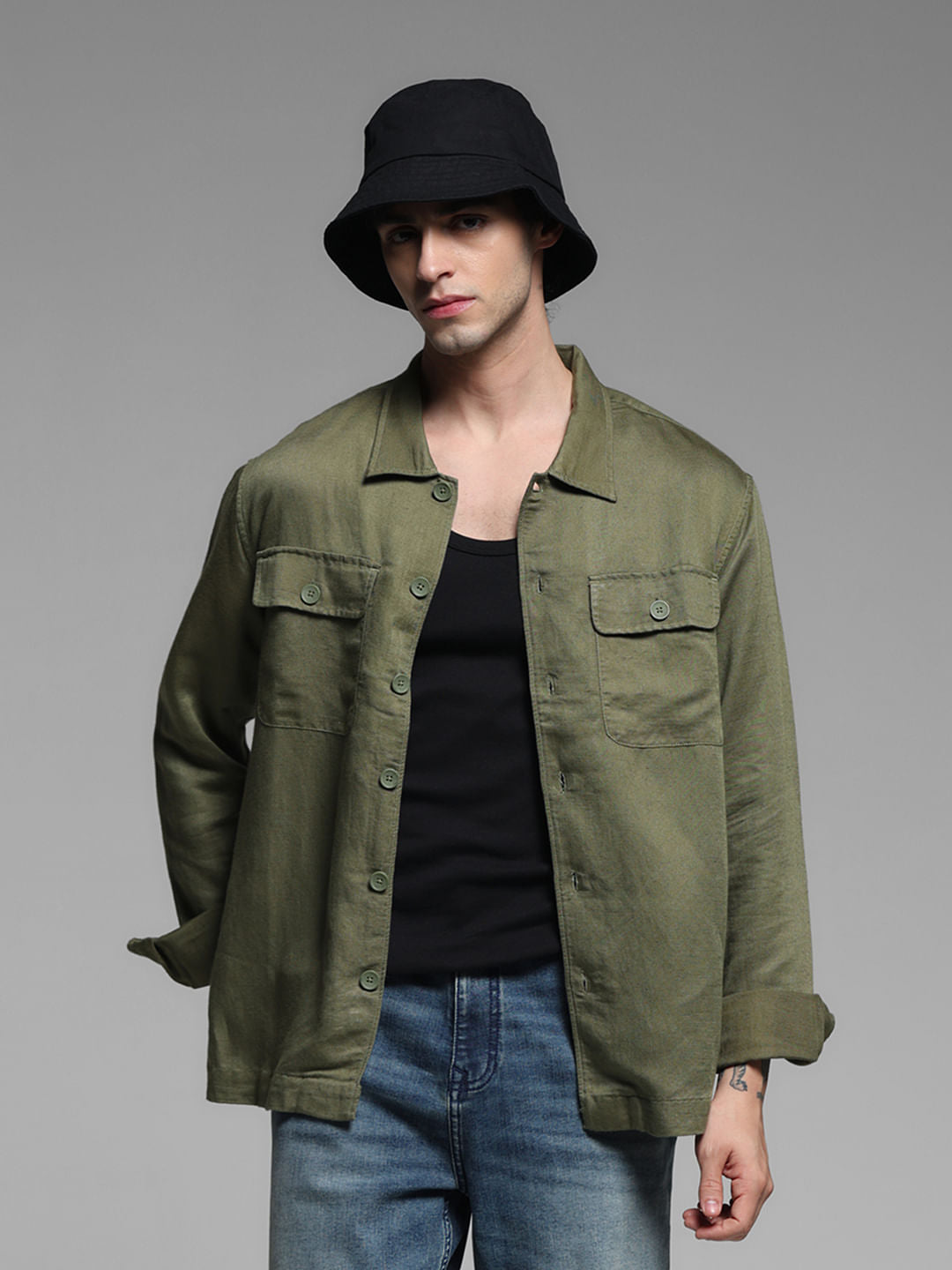 Green Linen Blend Oversized Shirt