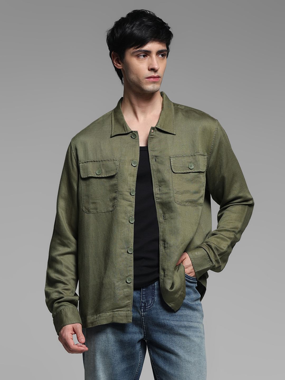 Green Linen Blend Oversized Shirt