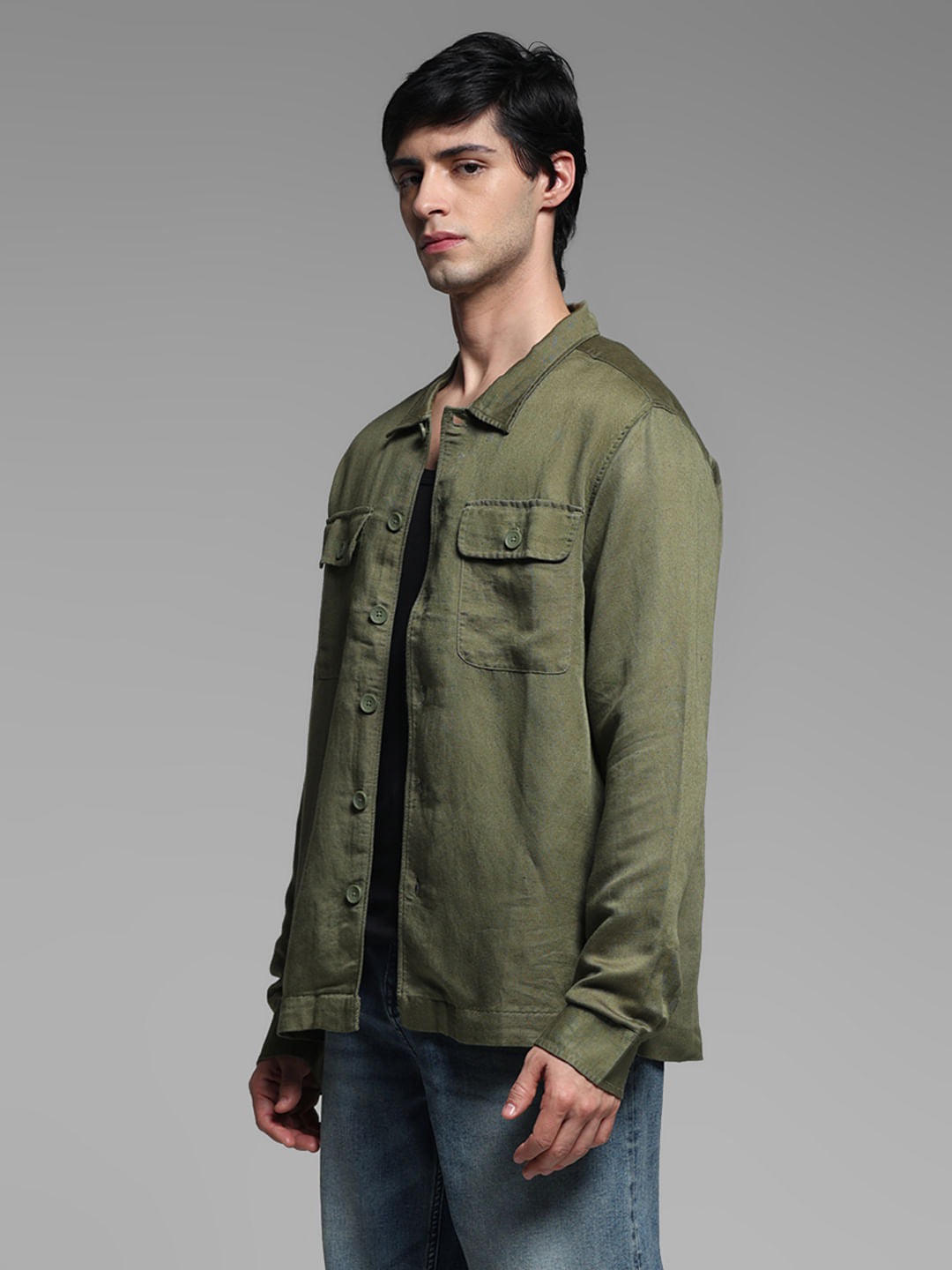 Green Linen Blend Oversized Shirt