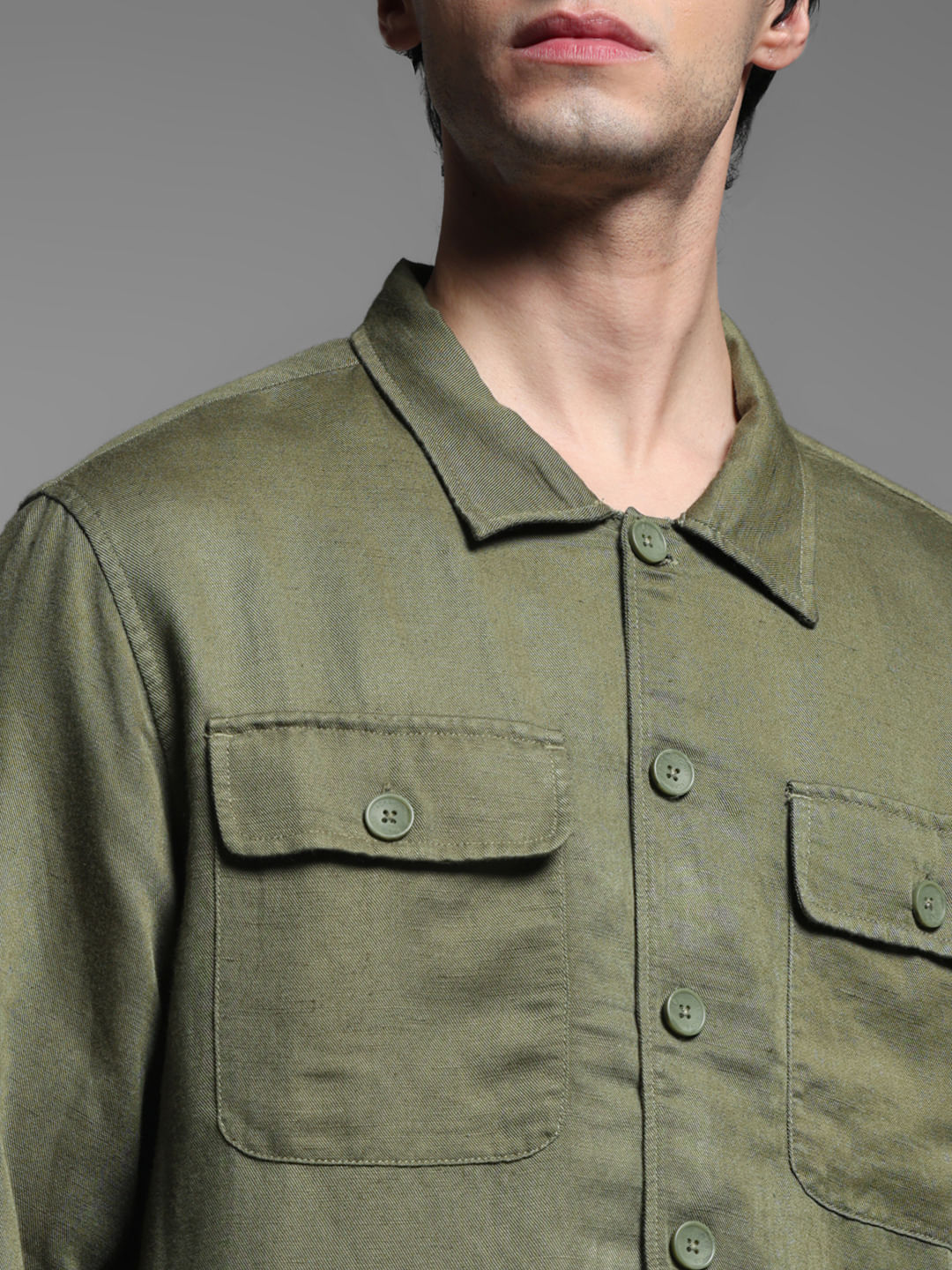 Green Linen Blend Oversized Shirt